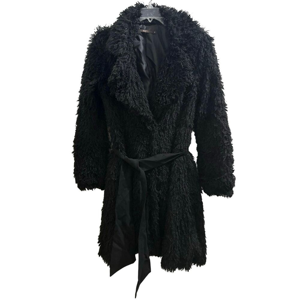 Hazel Anthropologie Black Wavy Faux Fur Teddy Jacket Glam Funky Trenchcoat !